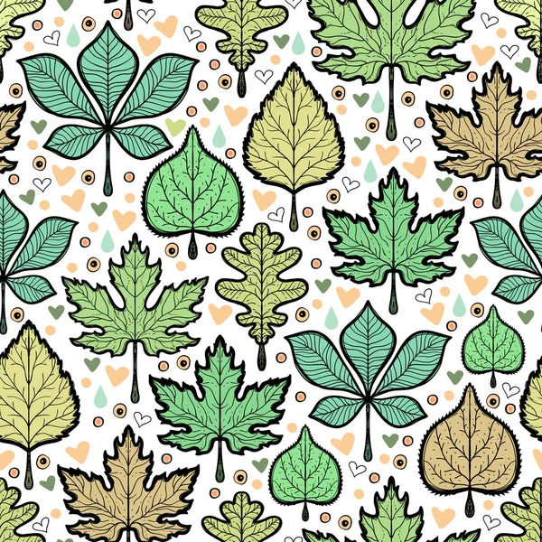 手描き緑の葉のシームレスなパターン — ストックベクタ