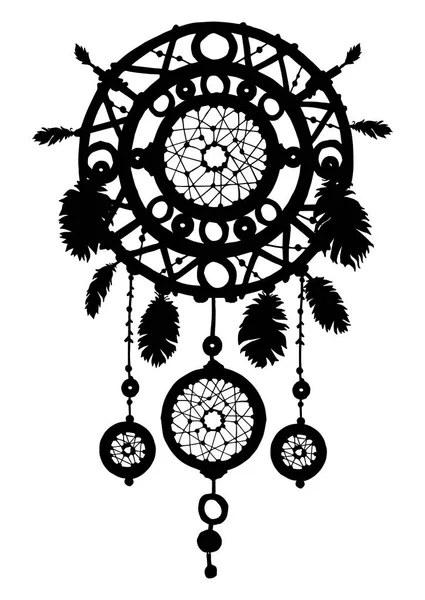 Silhouette Dream Catcher avec plumes et perles . — Image vectorielle