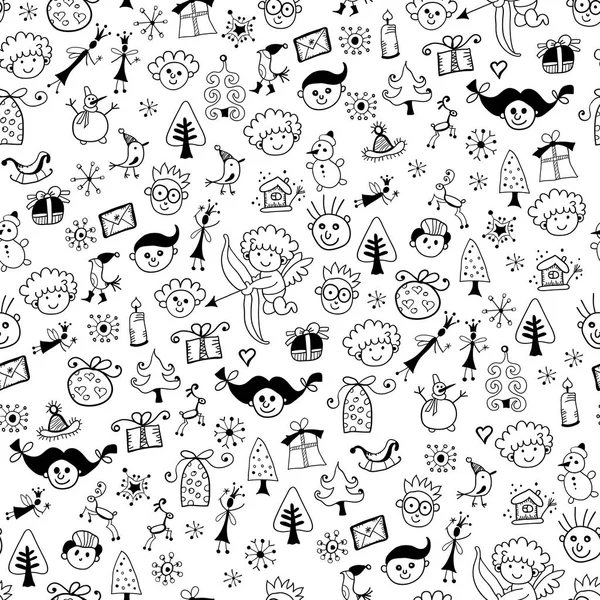 Seamless cartoon pattern with kids doodle face — Stock Vector