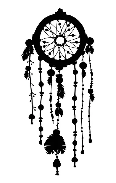 Silhouette Dreamcatcher dessinée à la main avec des perles et des plumes — Image vectorielle