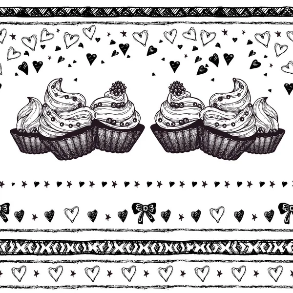 Seis cupcakes dibujados a mano en estilo grabado vintage — Vector de stock