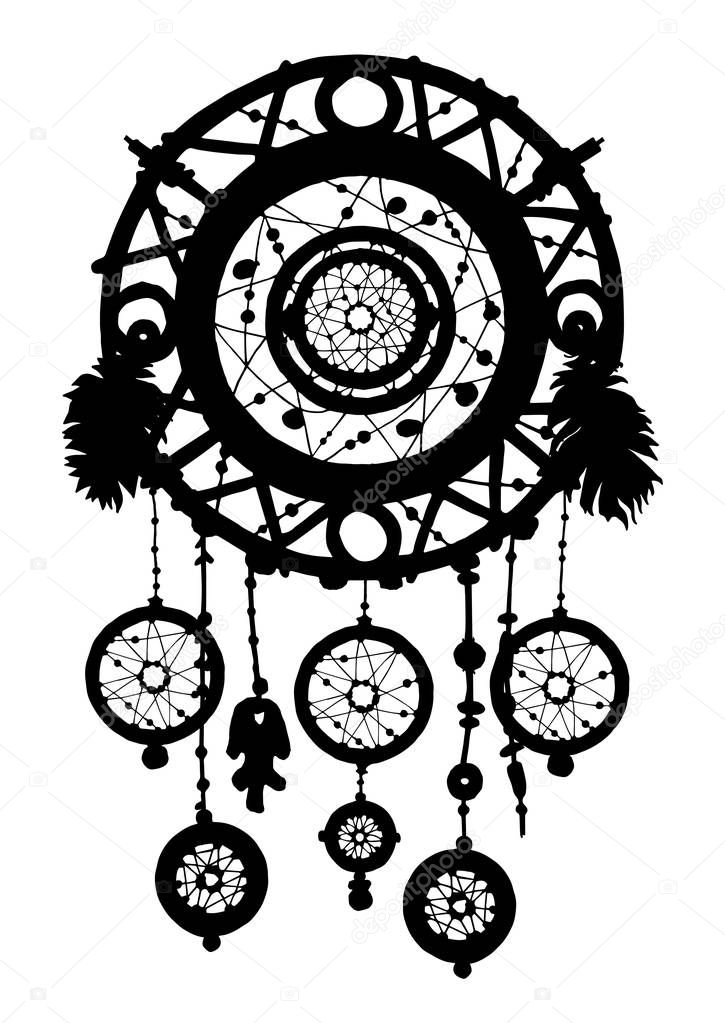 Download Dream catcher silhouette with feathers and beads — Stock ...