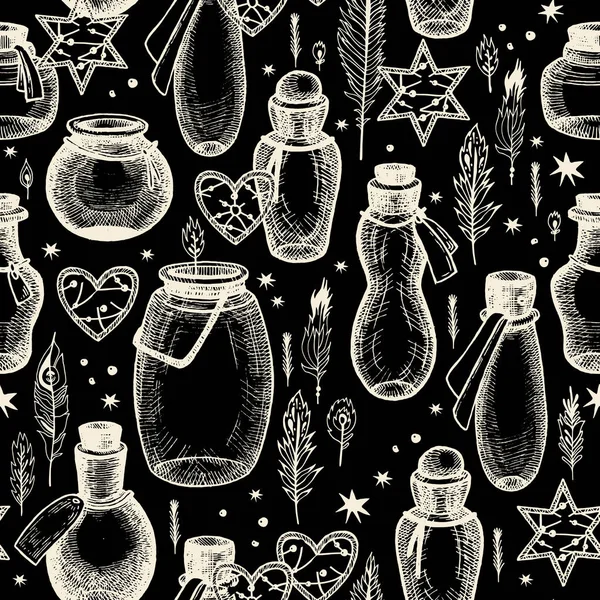 Patrón mágico sin costura con frascos de vidrio — Archivo Imágenes Vectoriales