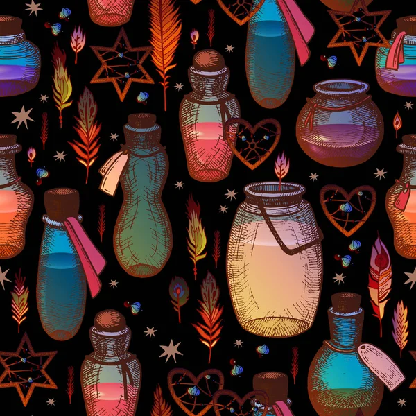 Magiska sömlösa mönster med glas flaskor. — Stock vektor