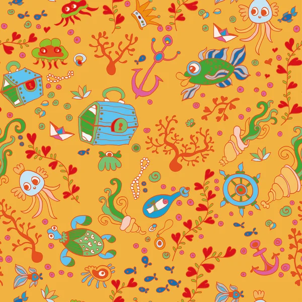 Doodle kids sea animals seamless vector pattern — Stock Vector