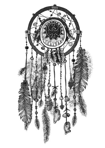 Dream catcher in grijstinten. Zwart-wit — Stockvector