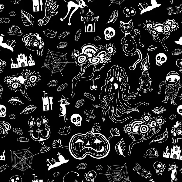 Naadloze patroon kids monochroom Halloween Doodle — Stockvector