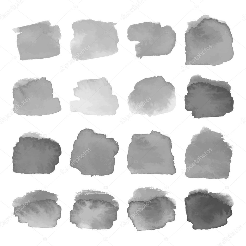 Set of gray watercolor hand painted circle isolated on white. Watercolor Illustration for artistic design. Round stains, blobs of grey