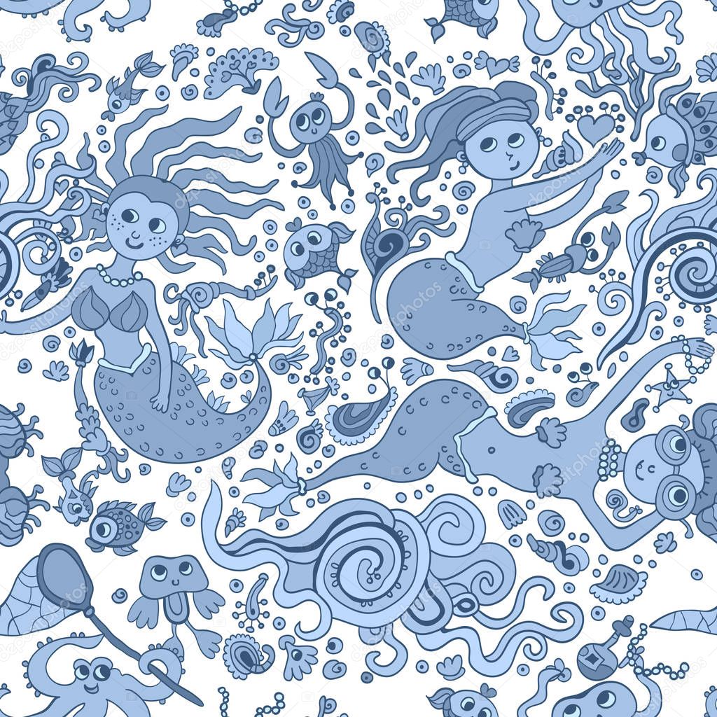 Vector underwater Mermaids seamless pattern