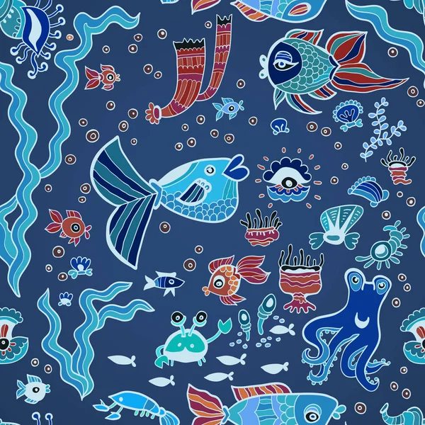 Blue doodle children fish pattern — Stock Vector