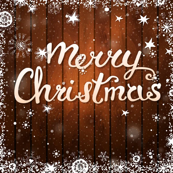 Merry Christmas card text on wooden background. — Stock Vector