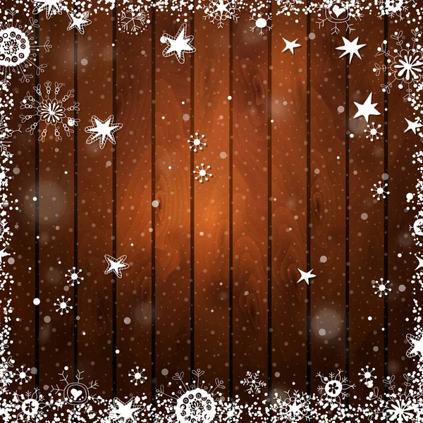 Dřevěné hnědé Vánoční pozadí s sněhové vločky — Stockový vektor