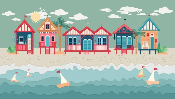 Paisaje con cabañas de playa en fila — Vector de stock