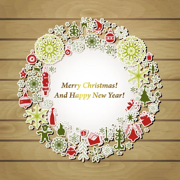 Christmas card with vintage wreath label on wood — Stock Vector