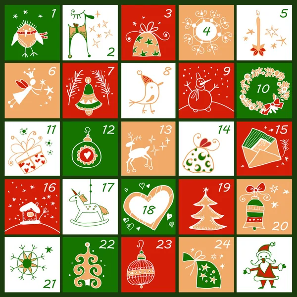 Calendario de Adviento. Cartel infantil de Navidad — Vector de stock