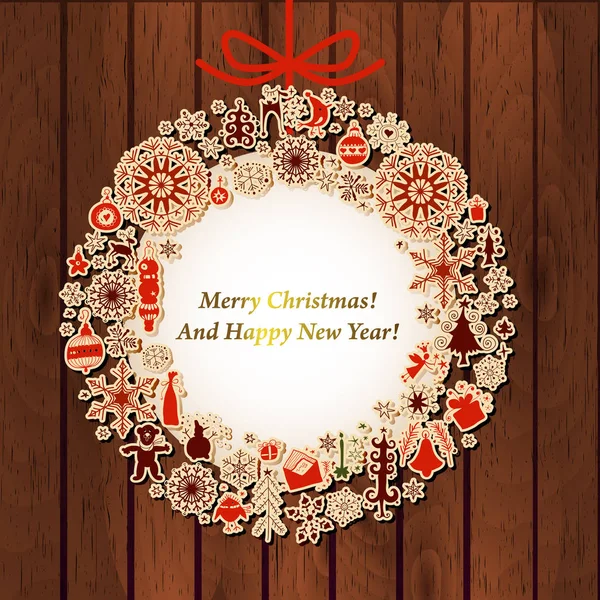 木材にビンテージ花輪ラベル付きのクリスマス カード — ストックベクタ