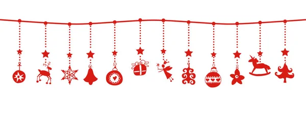 Various Hanging Christmas ornaments on border — Stock Vector