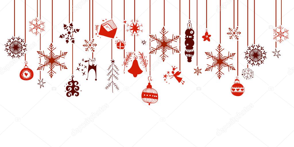 Various Hanging Christmas ornaments on border