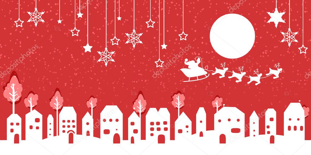 Silhouette of santa and village on red background.