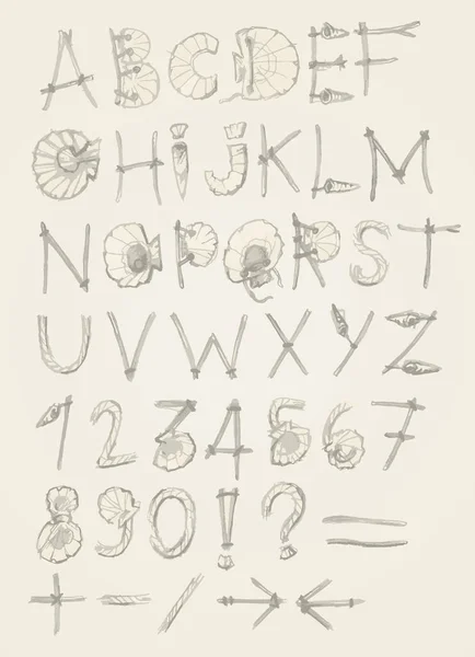 Bosquejo alfabeto de verano con cuerda y conchas — Archivo Imágenes Vectoriales