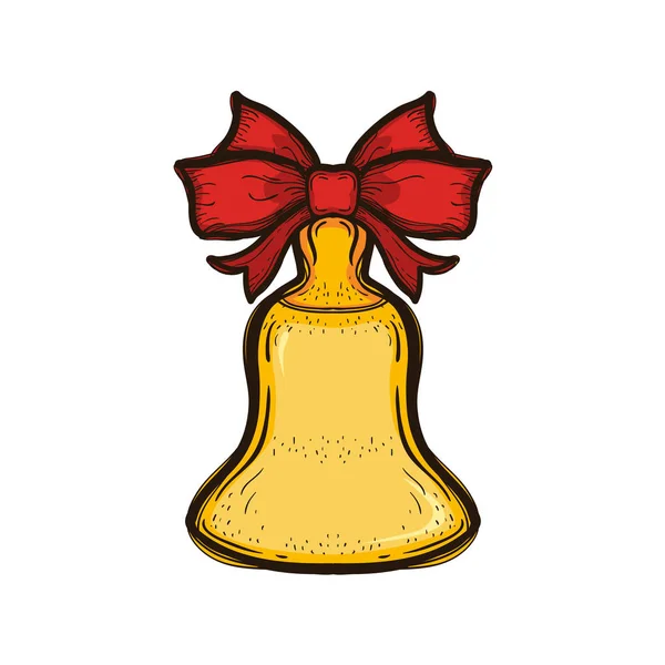 Gold retro school bell with red bow isolated