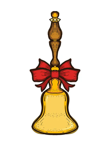 Gold retro school bell with red bow isolated