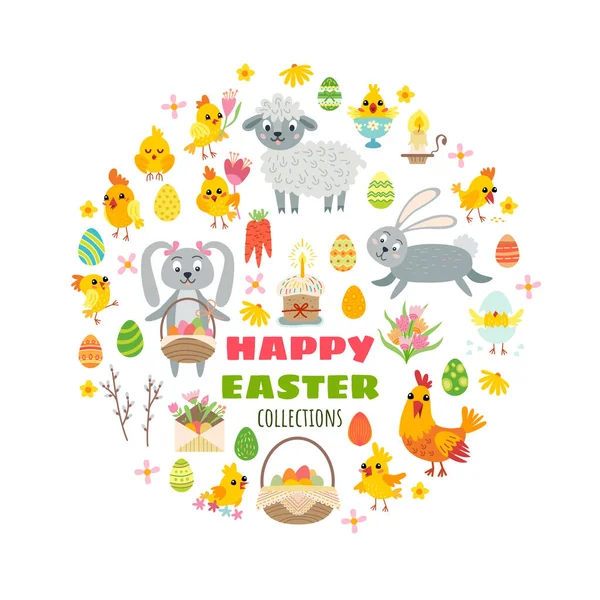 Easter Flat Icons Set. Cartoon background with circle shaped — Stock Vector