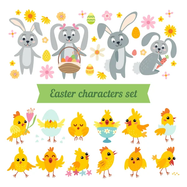 Conjunto de conejos de Pascua, pollitos y huevos iconos aislados sobre fondo blanco . — Archivo Imágenes Vectoriales