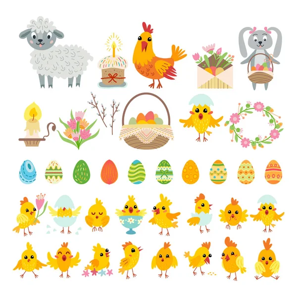 Conjunto de personajes de dibujos animados de Pascua y elementos de diseño — Archivo Imágenes Vectoriales
