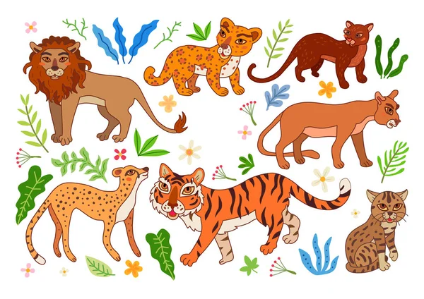 Zestaw dzikich kotów. Wektor kreskówki egzotyczne zwierzęta — Wektor stockowy