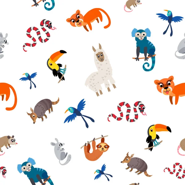 Vilda sydamerikanska djur sömlösa mönster i platt stil — Stock vektor