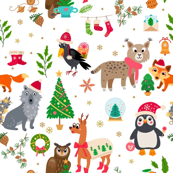 A Christmas forest animals pattern. Winter vector — Stock Vector