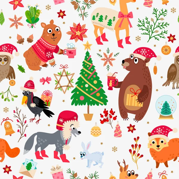 クリスマスの森の動物のパターン。冬のベクトル — ストックベクタ