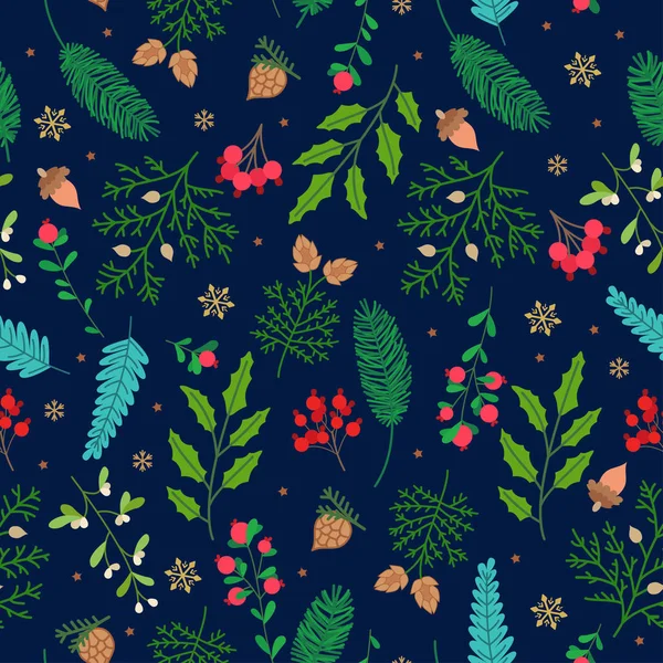 可愛い冬の植物とクリスマスシームレスパターン — ストックベクタ