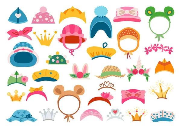Conjunto de ícones de headwear brilhante. Chapéus de crianças elegantes . —  Vetores de Stock