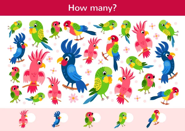 Het tellen van kinderen wedstrijd van een tropische papegaaien. — Stockvector