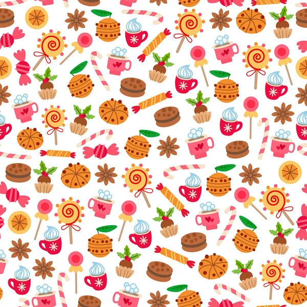 Christmas sweet-stuff pattern with cookies and tea — Stock Vector