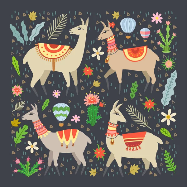 Lama in tekenfilmstijl. Lama en cactussen. — Stockvector