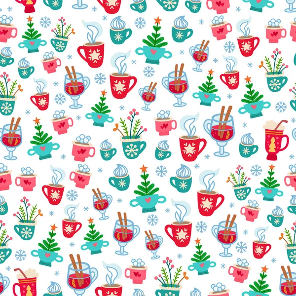 Christmas pattern with cartoon winter hot drinks — Stock Vector