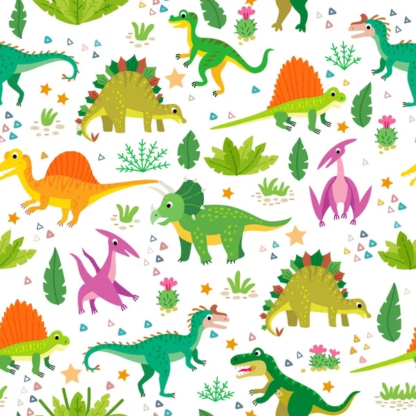 Un patrón de dinosaurios infantiles y hojas tropicales — Vector de stock