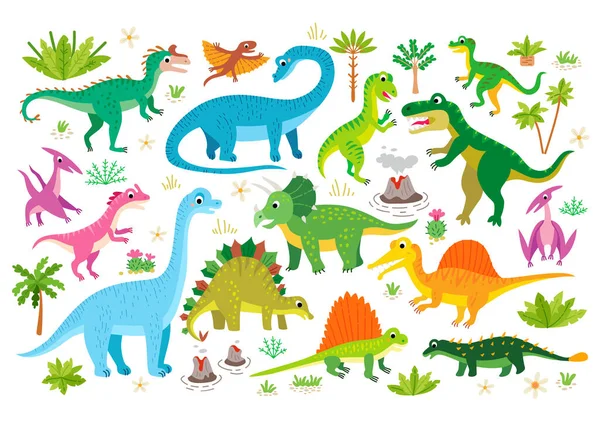 Conjunto bonito de dinossauros planos. Lagarto pré-histórico de desenhos animados —  Vetores de Stock