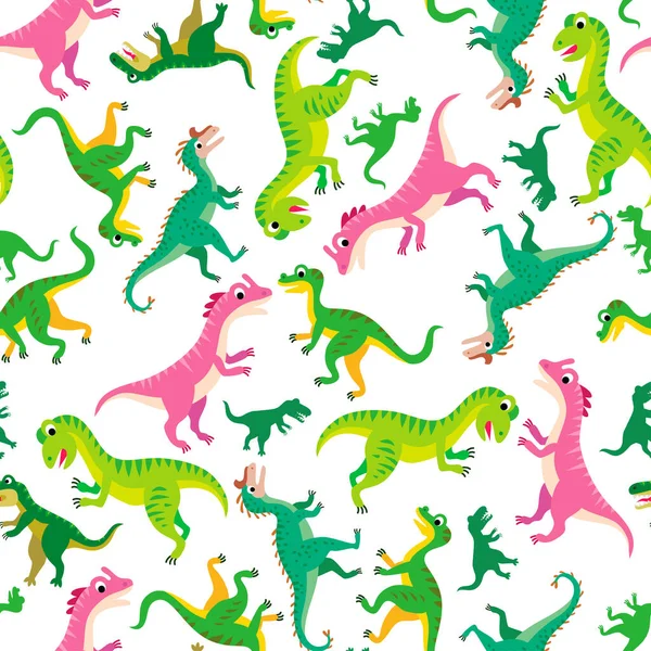 Dziecinny wzór dinozaurów i liści tropikalnych — Wektor stockowy