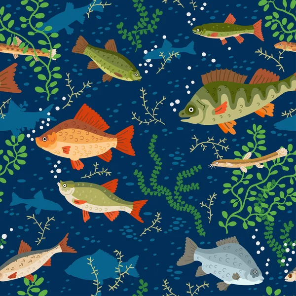 Seamless freshwater fish pattern. A vector seafood — Stock Vector