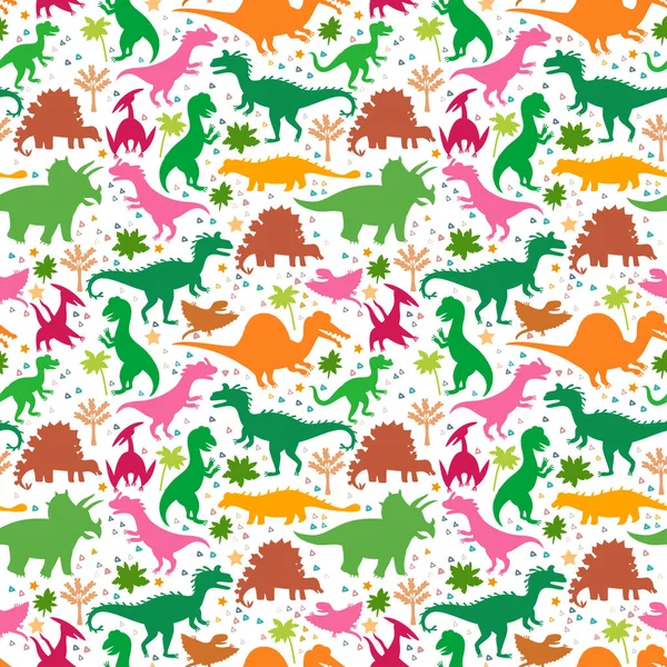 Childish pattern with silhouettes a cute dinosaurs — Stock Vector