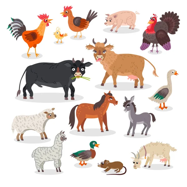 Gros animaux de ferme et les oiseaux ensemble. Vecteur — Image vectorielle