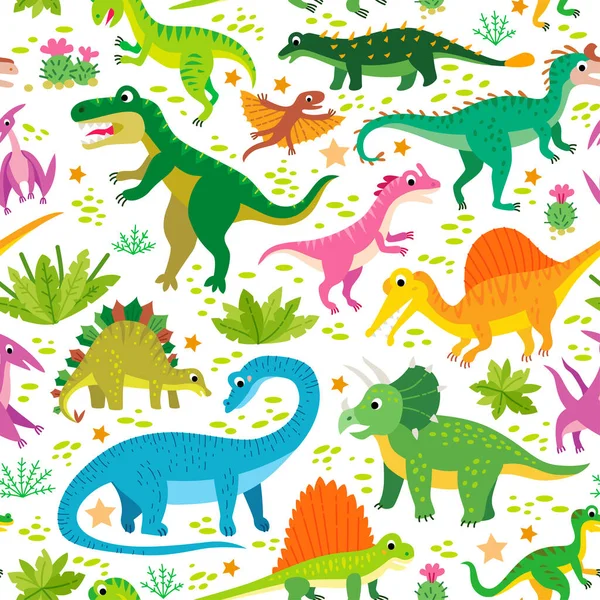 Un patrón de dinosaurios infantiles y hojas tropicales — Vector de stock