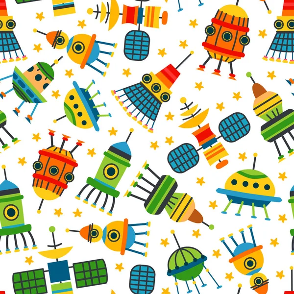 Kids bright cartoon spaceships pattern. A vector — Stock Vector