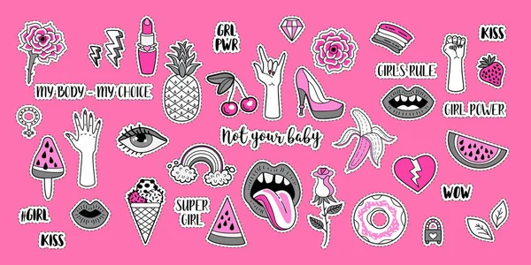 Girl Power set. Trendy collection of patch badges — Stock Vector