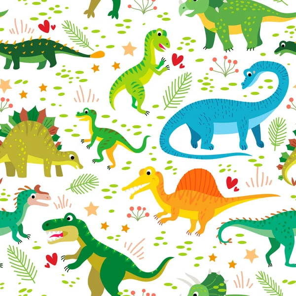 A Childish dinosaurs and tropical leaves pattern — Stock Vector