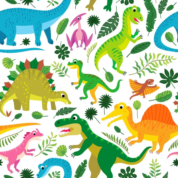 Un patrón de dinosaurios infantiles y hojas tropicales — Vector de stock